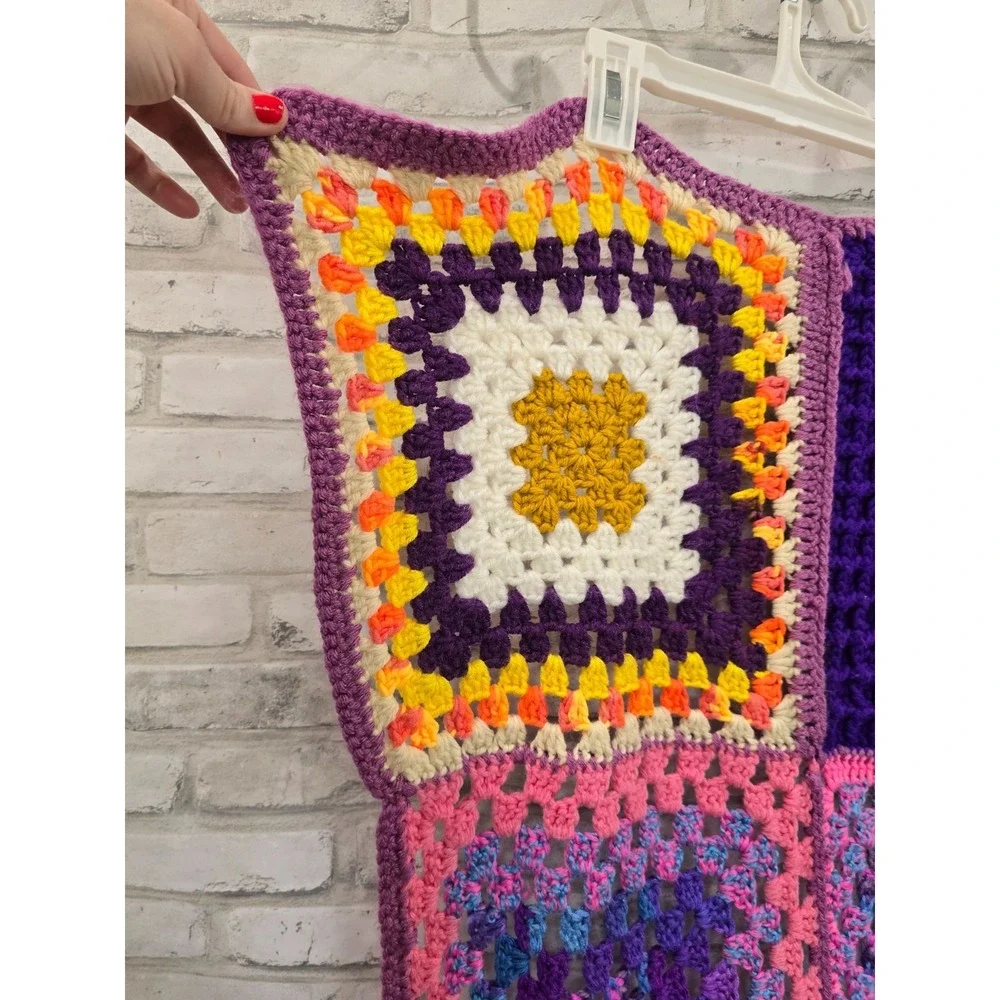VTG Granny Square Afghan Baby Blanket Throw White‎ Multicolor Grannycore 23x40